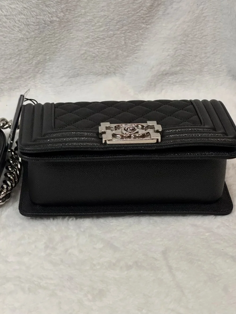 CHANEL Small Boy Flap Bag Black Caviar Silver Ruthenium Hardware Quilted Crossbo